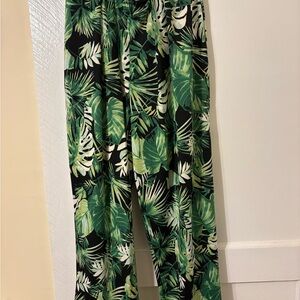 Tropical Leaf Print Wide-Leg Pants - Green Black